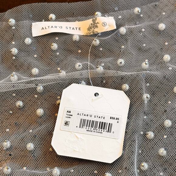 New ALTAR’D STATE Ivory Sheer Pearl Rhinestone Beaded Cropped Top Women's Sz Sm - Picture 6 of 12